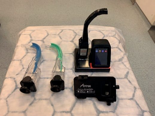 Airtraq intubating device, a videolaryngoscope used when difficult intubation is anticipated
