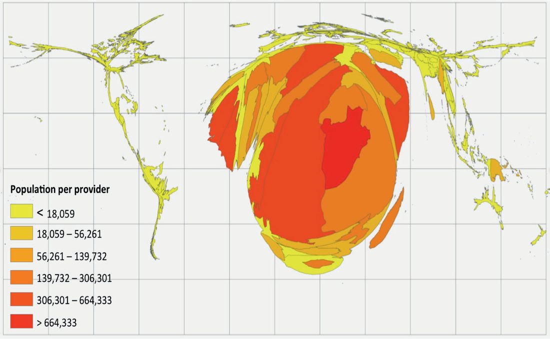 Global distribution of surgeons, anaesthetists and obstetricians, each country drawn in proportion to its population per active surgeon