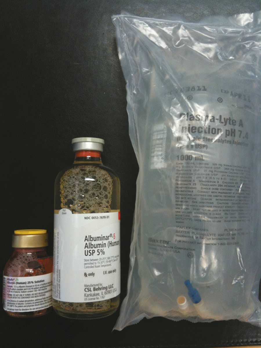 Container sizes compared: 50 mL of 25% albumin, 500 mL of 5% albumin and 1 L of crystalloid; the 25% albumin is physiologically equivalent to 2000-2500 mL of crystalloid
