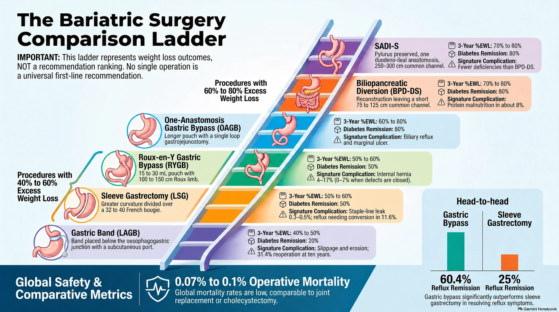 The six bariatric operations as a ladder ordered by three-year percentage excess weight loss, an outcome ordering, not a recommendation ranking, since NICE makes the choice of procedure a joint decision taking account of severity, evidence, available facilities and the operating surgeon's experience, and no guideline ranks these operations. Gastric band (LAGB): band below the oesophagogastric junction with a subcutaneous port; 40–50% EWL, 20% diabetes remission; slippage and erosion, with a 31.4% reoperation rate at ten years. Sleeve gastrectomy (LSG): greater curvature divided over a 32–40 Fr bougie; 50–60% EWL, 50% remission; staple-line leak 0.3–0.5%, and reflux needing conversion to bypass in up to 11.6%. Roux-en-Y gastric bypass (RYGB): 15–30 mL pouch with a 100–150 cm Roux limb; 50–60% EWL, 50% remission; internal hernia 4–17%, falling to 0–7% when the mesenteric defects are closed. One-anastomosis gastric bypass (OAGB): longer pouch with a single loop gastrojejunostomy; 60–80% EWL, 80% remission; biliary reflux and marginal ulcer. Biliopancreatic diversion with duodenal switch (BPD-DS): 75–125 cm common channel; 70–80% EWL, 80% remission; protein malnutrition in about 8%. SADI-S: pylorus preserved, one duodeno-ileal anastomosis, a longer 250–300 cm common channel; 70–80% EWL, 80% remission; fewer deficiencies than BPD-DS. Overall operative mortality is 0.07–0.1%, and in five-year randomised data gastric bypass beat sleeve on reflux remission, 60.4% versus 25%