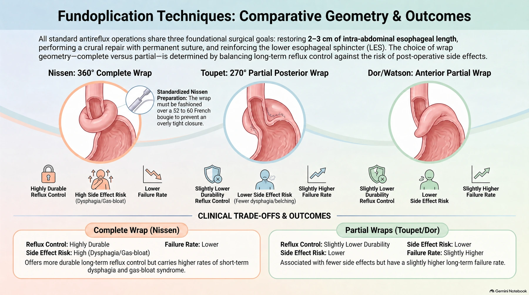 Degree of fundoplication wrap in axial section through the distal oesophagus. All antireflux operations share three goals: restoring 2–3 cm of intra-abdominal oesophageal length, crural repair with permanent suture, and reinforcement of the LES, with the Nissen fashioned over a 52–60 Fr bougie. Nissen is a 360° complete wrap encircling the oesophagus, most durable reflux control, higher side effects, lower long-term failure. Toupet is a 270° partial posterior wrap leaving a 90° anterior gap, and Dor/Watson is an anterior partial wrap leaving the posterior surface free, both give slightly lower reflux control with fewer side effects (less dysphagia and less inability to belch) and a slightly higher long-term failure rate. Multisociety 2023 guidance conditionally favours partial fundoplication, while the UK commissioning guide declines to recommend one type over another