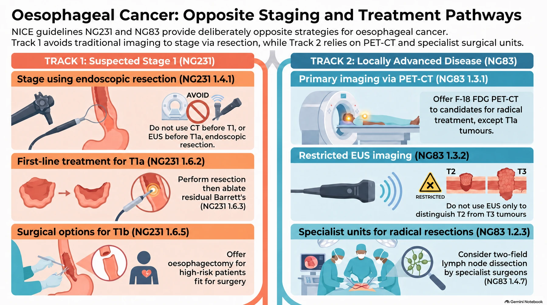 The two NICE staging and treatment tracks, which are deliberate opposites. Track 1, suspected stage 1 adenocarcinoma (NG231): stage using endoscopic resection (1.4.1), do not use CT before endoscopic resection for suspected T1, and do not use endoscopic ultrasound before endoscopic resection for suspected T1a (1.4.2, 1.4.3); offer endoscopic resection as first-line treatment for T1a and then ablate any residual Barrett's (1.6.2, 1.6.3); offer oesophagectomy for T1b in people fit for surgery and at high risk of progression (1.6.5). Track 2, locally advanced disease (NG83): offer F-18 FDG PET-CT to people suitable for radical treatment, except T1a tumours (1.3.1); do not offer endoscopic ultrasound only to distinguish T2 from T3 tumours (1.3.2); ensure curative resections are done in a specialist surgical unit by specialist oesophago-gastric surgeons (1.2.3); and consider a two-field lymph node dissection at curative oesophagectomy (1.4.7). The contrast is the point, early disease is staged by resection with imaging avoided, while locally advanced disease is staged by imaging with endoscopic ultrasound restricted