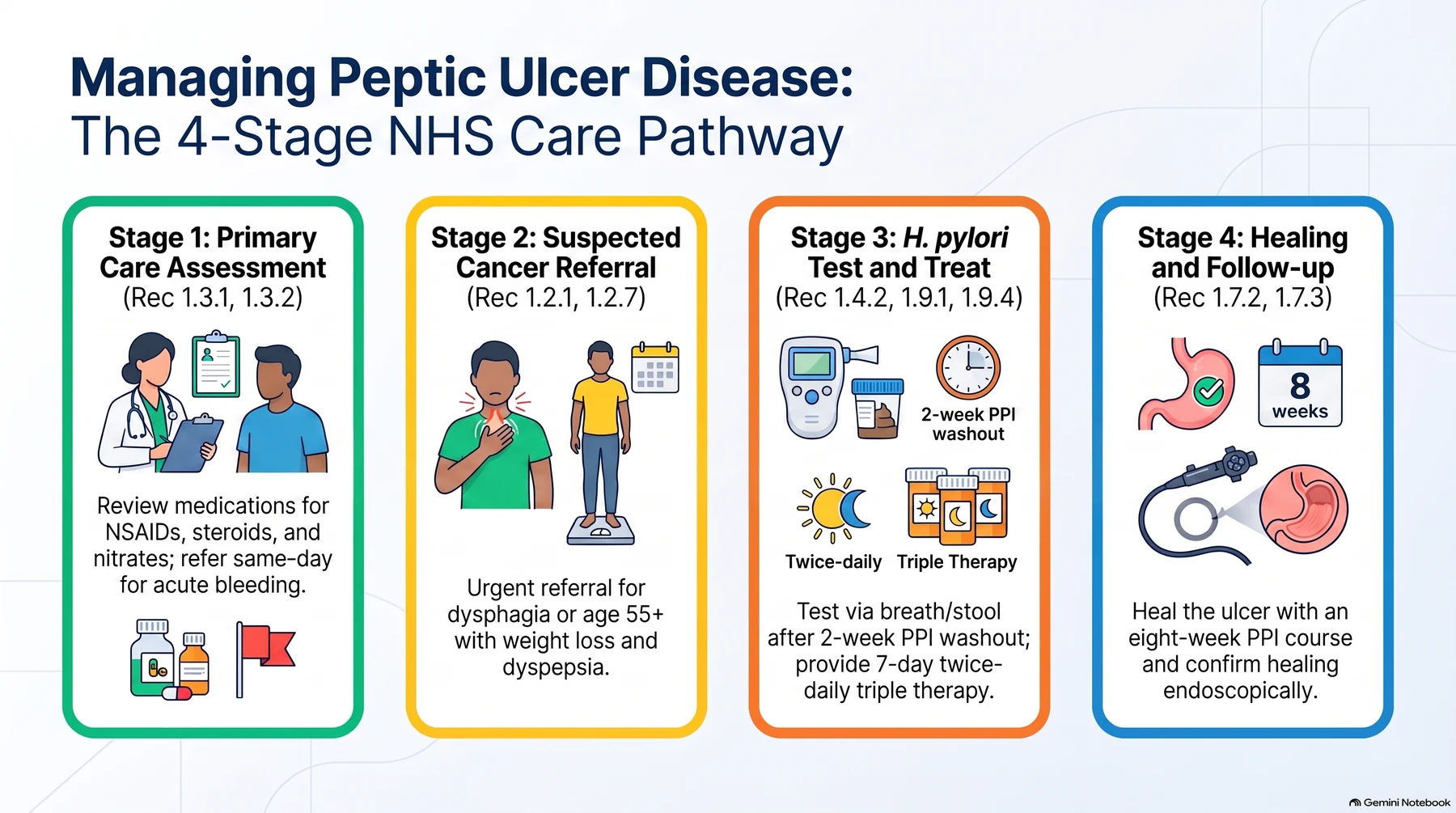 The four-stage NHS care pathway for peptic ulcer disease. Stage 1, primary care assessment: review medication for possible causes of dyspepsia (NSAIDs, corticosteroids, nitrates, calcium antagonists, theophyllines and bisphosphonates) and refer same day for dyspepsia with significant acute gastrointestinal bleeding (CG184 1.3.1, 1.3.2). Stage 2, suspected cancer referral: refer on the suspected cancer pathway for dysphagia at any age, or age 55 and over with weight loss plus upper abdominal pain, reflux or dyspepsia, the oesophageal criterion is NG12 1.2.1 and the identical stomach criterion is NG12 1.2.7. Stage 3, H. pylori test and treat: test with a carbon-13 urea breath test or stool antigen test after a 2-week PPI washout, then give a 7-day twice-daily course of a PPI with amoxicillin plus either clarithromycin or metronidazole (CG184 1.4.2, 1.9.1, 1.9.4). Stage 4, healing and follow-up: for an NSAID-associated ulcer stop the NSAID and give a full-dose PPI for eight weeks, and repeat endoscopy at 6 to 8 weeks for a gastric ulcer to confirm healing (CG184 1.7.2, 1.7.3). Note that the figure prefixes every number with a bare