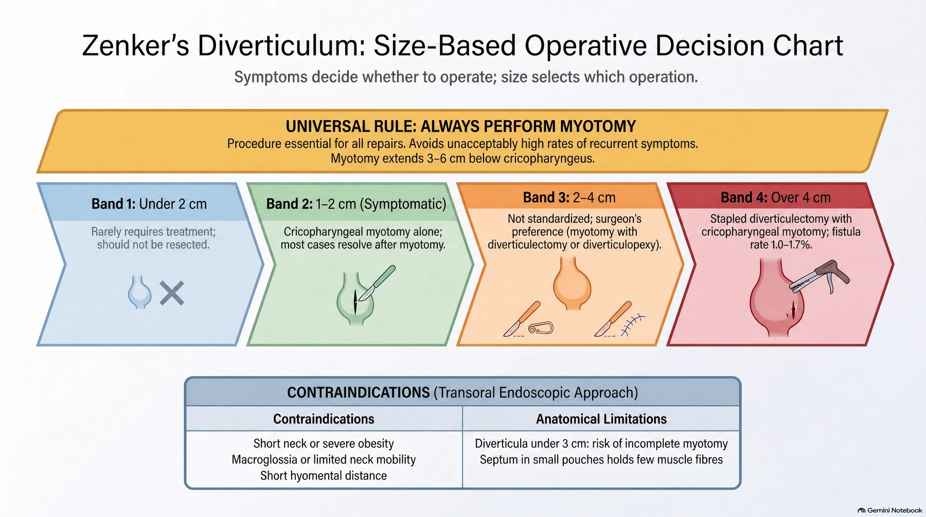 Size-based operative decision chart for Zenker's diverticulum. Symptoms decide whether to operate; size selects which operation. The universal rule is that a cricopharyngeal myotomy is essential to every repair, since any procedure performed without one carries an unacceptably high rate of recurrent symptoms, and the myotomy extends 3–6 cm below the cricopharyngeus. Under 2 cm: rarely requires treatment and should not be resected. 1–2 cm and symptomatic: cricopharyngeal myotomy alone, since most resolve after myotomy. 2–4 cm: not standardised, left to surgeon preference, most commonly myotomy with either diverticulectomy or diverticulopexy. Over 4 cm: stapled diverticulectomy with cricopharyngeal myotomy, fistula rate 1–1.7%. Contraindications to the transoral endoscopic approach are a short neck, severe obesity, macroglossia, limited neck mobility, and a short hyomental distance; diverticula under 3 cm additionally risk an incomplete myotomy because the septum holds few muscle fibres